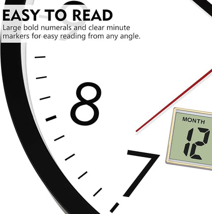 Lumuasky Wall Clock Digital 12" Non-Ticking Silent Battery Operated Analog with LCD Display for Perpetual Calendar and C° Temperature, Ideal Modern Home, Bedroom, Kitchen, Office Decor