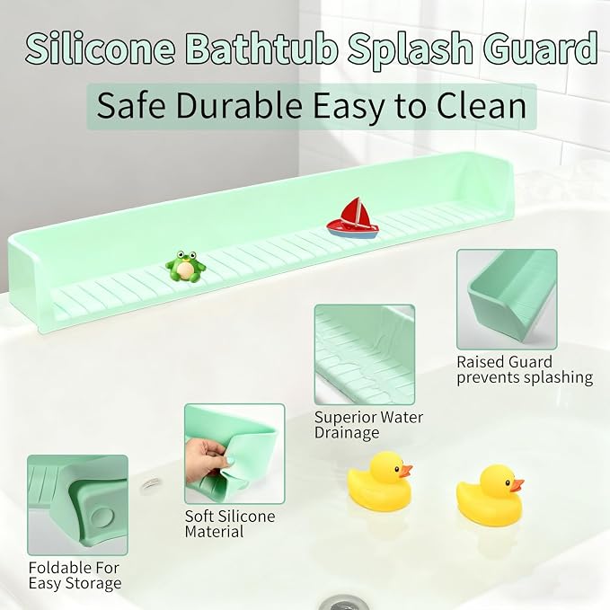 Bathtub Splash Guard for Tub Kids - Silicone Splash Guard with 11 Strong Suction Cups, Toy Tray Caddy Holder for Tub, Prevent Water Spills in Bathroom, Suitable for Kitchen Sinks and Bathtubs (Green)