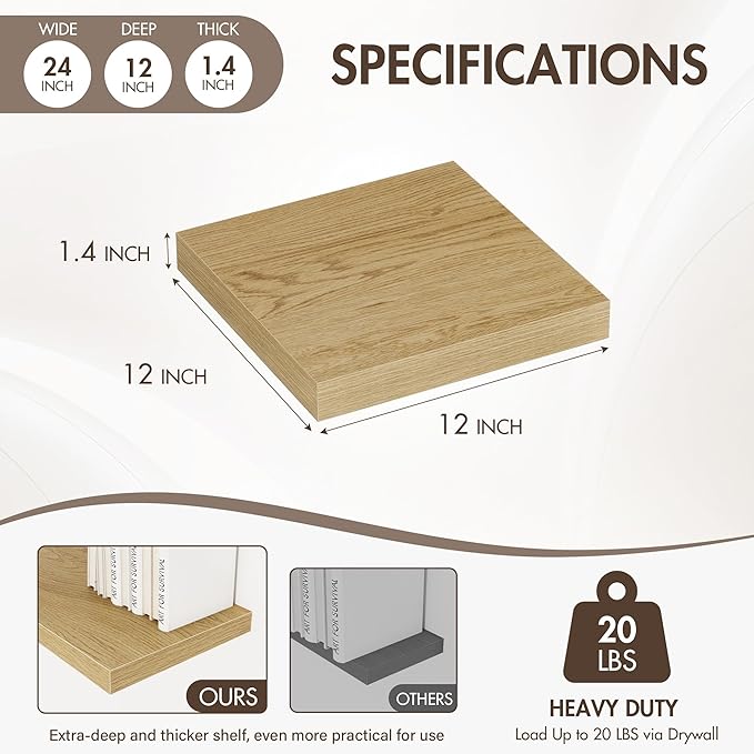 Acovy 12 Inch Floating Shelves, 12" Deep Floating Shelf Wall Mounted, 12" Wall Shelves, Rustic Deep Bookshelf, Extra Deeper Display Shelves & Storage Shelves for Bedroom, Living Room, Set of 3
