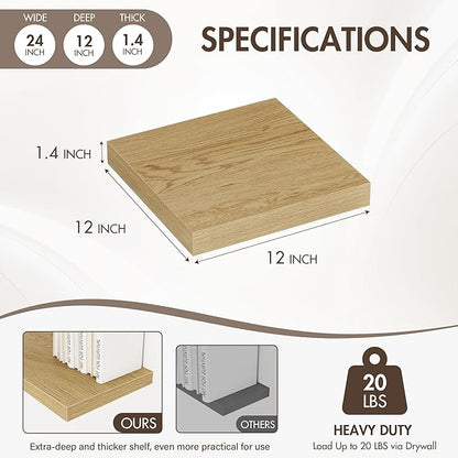Acovy 12 Inch Floating Shelves, 12" Deep Floating Shelf Wall Mounted, 12" Wall Shelves, Rustic Deep Bookshelf, Extra Deeper Display Shelves & Storage Shelves for Bedroom, Living Room, Set of 3