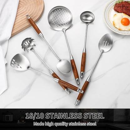 18/10 Stainless Steel Kitchen Utensils Set with Wood Handle Metal Cooking Utensils Set, 6-Piece - Spatula, Spoon, Ladle, Skimmer, Slotted Spoon, Pasta