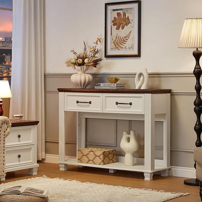 Farmhouse 46" Console Table with 2 Drawers, Rustic Wood 2 Tier Entryway Table with Open Storage Shelf for Entry, Large Mid-Century Vintage Sofa Tables Behind Couch for Living Room, White