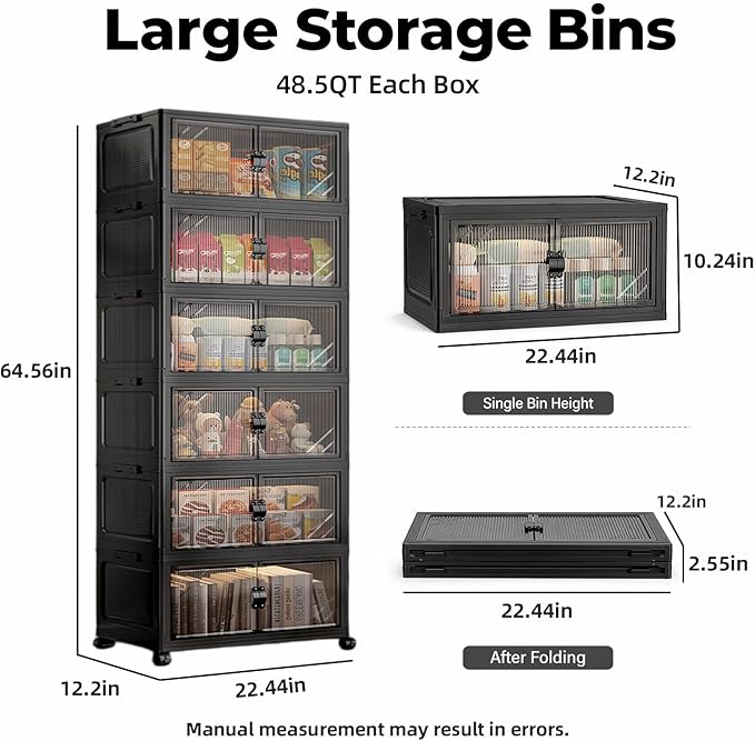 6-Tier Foldable Storage Cabinet with Wheels & Lid, 291QT Extra Large Stackable Organizer, No Tool Required, Storage Cabinet for Garage, Home Office, Pantry, Kitchen, Dorm