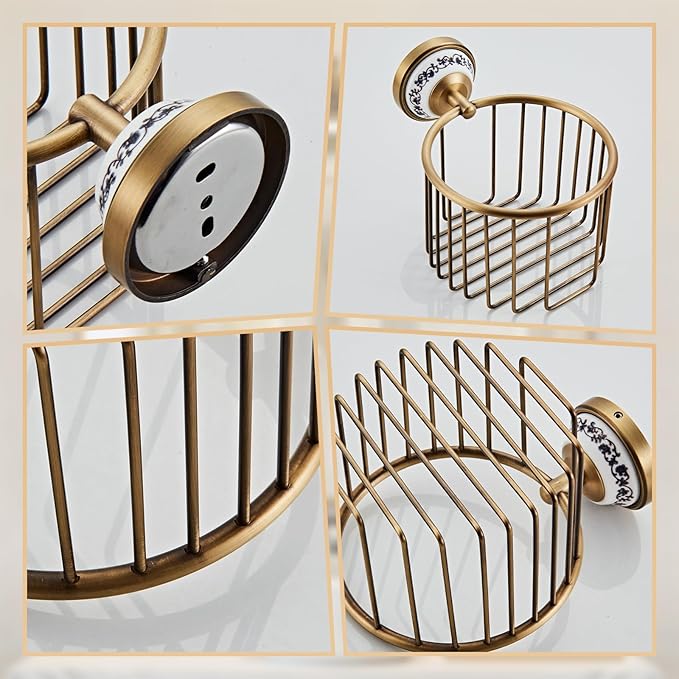 Vintage Wall-Mounted Toilet Paper Holder with Wire Basket Design, Antique Brass, Wall-Mounted Bath Hand Towel Holder with Ceramic Inlay, Vintage Style.