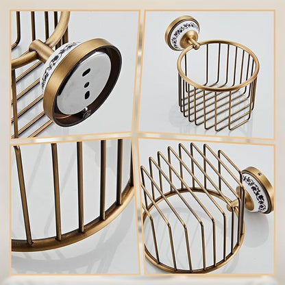 Vintage Wall-Mounted Toilet Paper Holder with Wire Basket Design, Antique Brass, Wall-Mounted Bath Hand Towel Holder with Ceramic Inlay, Vintage Style.