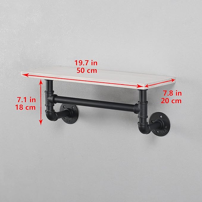 MBQQ Industrial Pipe Shelf Bathroom Shelves Wall Mounted,19.6in Rustic Wood Shelf with Towel Bar,1 Tier Farmhouse Towel Rack,Pipe Shelving Floating Shelves Towel Holder,Black & White