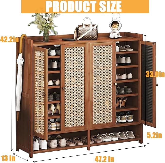 8 Tier Bamboo Shoe Storage Cabinet with Acrylic Door, 38-41 Pairs Shoe Rack for Closet, Shoe Storage Cabinet for Hallway Living Room (Brown)