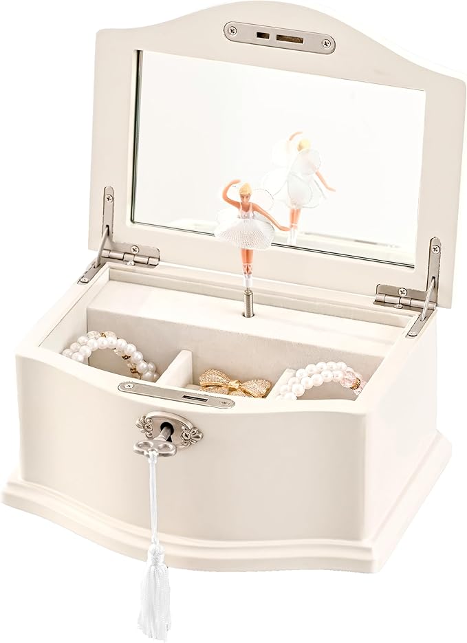 Wooden Musical Jewelry Box for girls with Mirror and Key Lock, Gift for Kids on Birthdays and Holidays (Pink, Small) (Beige, Medium)