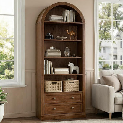 Farmhouse Arched Bookshelf Set of 2, 7 Tiers Arch Bookcase with 2 Spacious Drawers, Modern Book Shelf with Open Display Shelves and Storage Cabinet, for Office, Living Room, Kitchen, Walnut