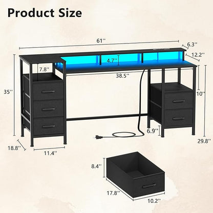 61 Inch Computer Gaming Desk with Power Outlets & LED Lights Reversible Home Office Desk with Adjustable 5 Fabric Storage Drawers for Working Writing Study, Black