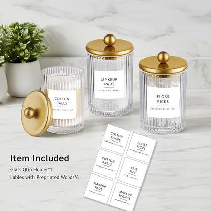 SheeChung 1-Pack Gold Ribbed Glass Qtip Holder - Apothecary Jar Bathroom Organizer with Metal Lid - Small Vanity Canister for Cotton Swabs, Rounds, Floss Picks - Modern Luxury Decor