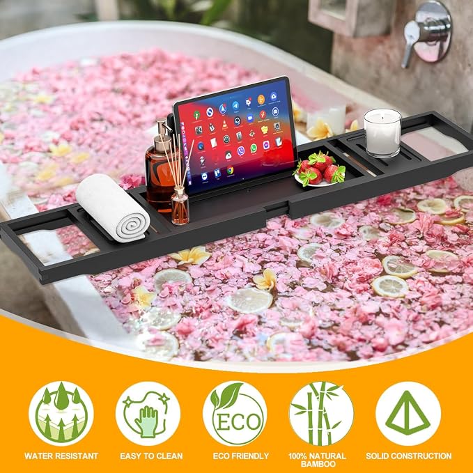 Bathtub Tray Black- Expandable Bamboo Wooden Bath Trays for Bathub - Bath Tub Table Tray for Bathtub/Tub,Adjustable Size, Fits Most Tubs