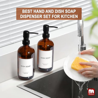 GMISUN Amber Glass Soap Dispenser, 4 Pack Bathroom Hand Soap Dispensers with Stainless Steel Pump, 17 Fl Oz Kitchen Hand and Dish Soap Dispenser Set, Modern Vintage Liquid Brown Soap Dispensers Bottle