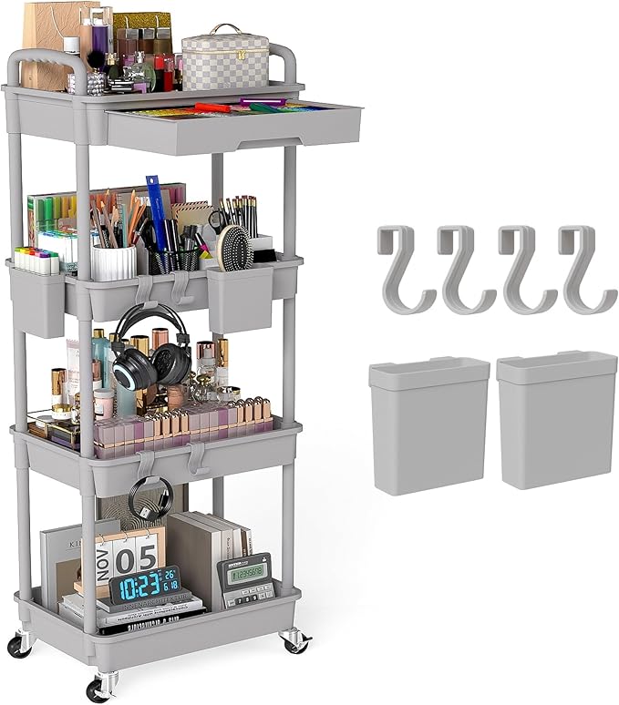 LLMRR 4 Tier Rolling Utility Cart with Drawer, Plastic Storage Organizer Rolling Carts with Wheels Handles Hanging Cups Hooks for Office, Bathroom, Kitchen,Craft Art Room (Grey)