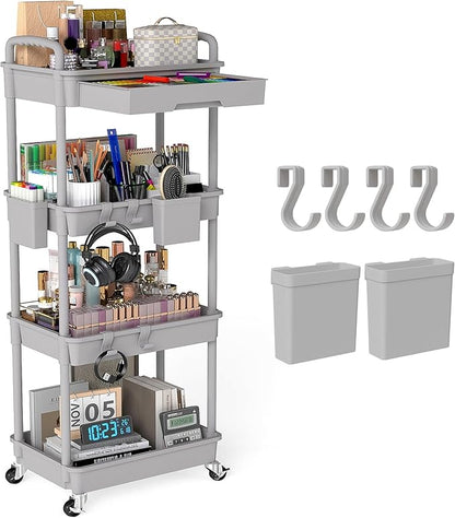 LLMRR 4 Tier Rolling Utility Cart with Drawer, Plastic Storage Organizer Rolling Carts with Wheels Handles Hanging Cups Hooks for Office, Bathroom, Kitchen,Craft Art Room (Grey)