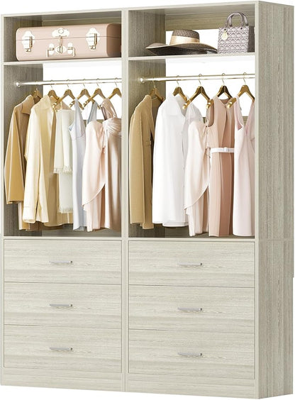 Besiost Closet System Set of 2, 4FT Closet Systems with 6 Wood Drawers, 48" Closet Organizer System with 2 Hanging Rods & 2 Shelves, Heavy Duty 48 Inch Walk-in Closet, White Oak (48"L x 15" W x 80" H)