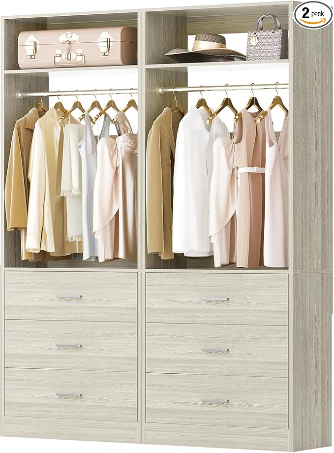Closet System Set of 2, 4FT Closet Systems with 6 Wood Drawers, 48" Closet Organizer System with 2 Hanging Rods & 2 Shelves, Heavy Duty 48 Inch Walk-in Closet, White Oak (48"L x 15" W x 80" H)