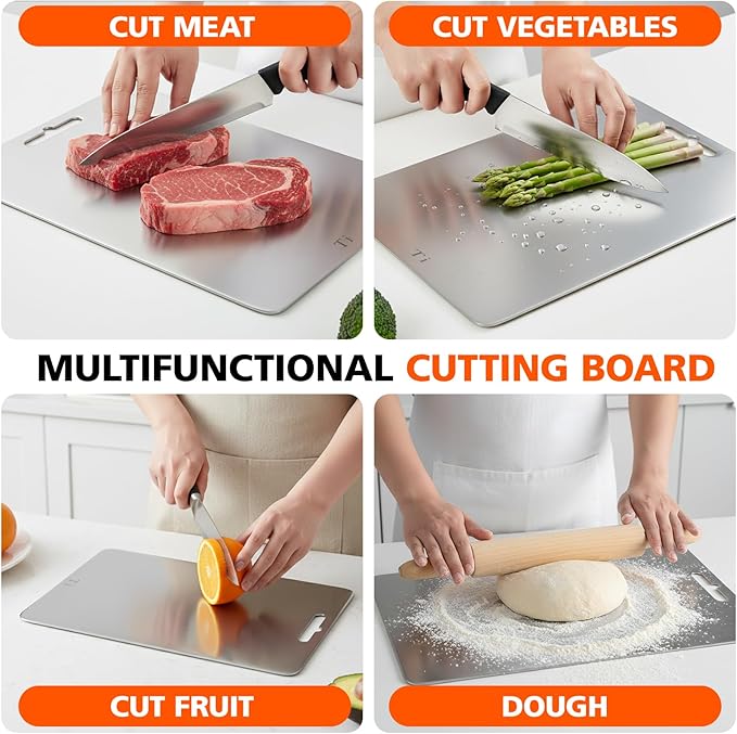 100% Pure Titanium Cutting Boards for Kitchen, Cutting Board Double Sided Food Grade Chopping Boards, Smooth Edge No Hurt, Space Saving Dishwasher Safe, Ideal for Daily Cooking, Cake & Picnic Set of 3