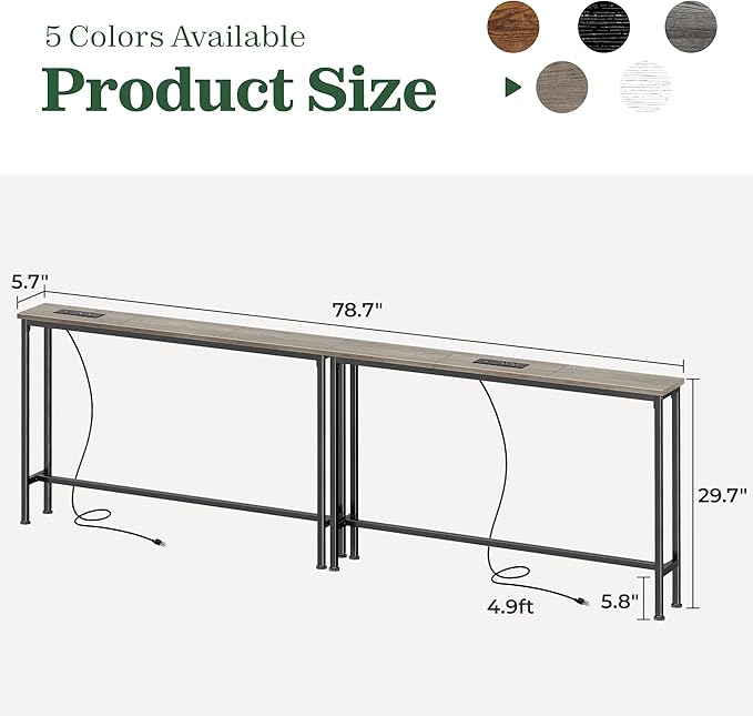 SUPERJARE 78.8 Inch Narrow Console Table with Outlet, Sofa Tables, Behind Couch Table, Long Entryway Tables with Charging Station, for Living Room, Oak