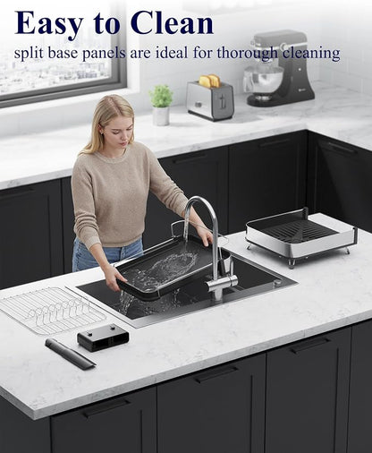 Kitsure Dish Drying Rack - Expandable Stainless Steel Dish Racks for Kitchen Counter, Auto-Drain Drying Rack for Kitchen with Cutlery Holder & Non-Slip Feet, 16.1-26.6" L x 12.6" W, Black