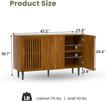 Storage Cabinet, 47.2" Freestanding Buffet Cabinet with 3 DIY Doors and Adjustable Shelf,Modern Sideboard Buffet Cabinet for Living Room,Dining Room,Kitchen,Hallway，Brown