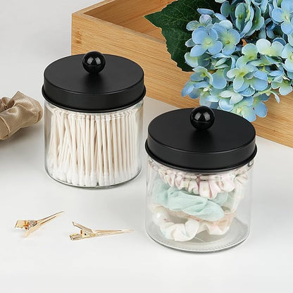 SheeChung Bathroom Organizers and Storage - 3Pack Qtip Holders Bathroom Canister Apothecary Jars for Cotton Swabs, Rounds, Balls, Qtips,Makeup Sponges, Flossers,Bath Salts - Black