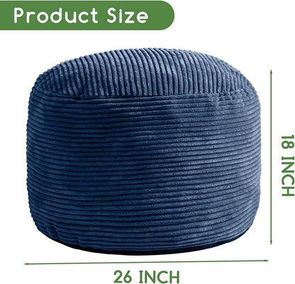 HIGOGOGO Round Stuffed Pouf Ottoman, Corduroy Poufs with Foam Chunk Filling, Furry and Fluffy Pouf Foot Stool Storage Ottoman, 26 X 18 Floor Poufs Foot Rest for Living Room, Bluestone