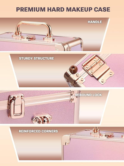 Qislee Makeup Box with A Detachable Lighted Mirror, Waterproof Travel Train Case, Cosmetic Organizer and Makeup Suitcase with Adjustable Dividers, Magnetic LED Mirror(Sparkling Gradient Pink)