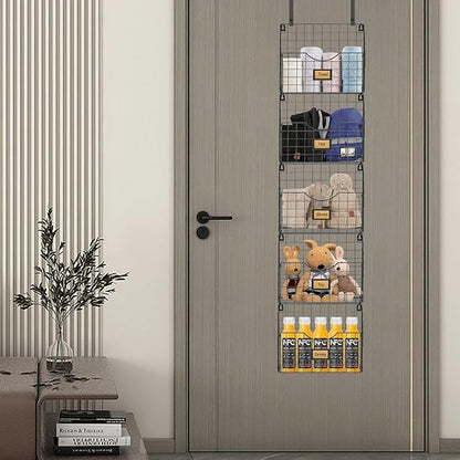 5-Tier Over the Door File Organizer, Stackable Hanging Wall Files Rack with Door Hooks Wall Organizers, SVertical Wall File Storage with Tag for Office Home and Work Easy Organizing - Black