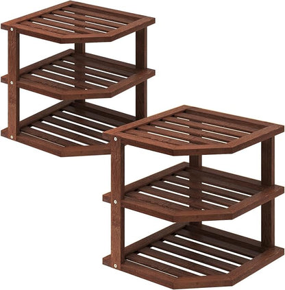 VERTORGAN 3 Tier Bamboo Corner Shelf(2 pack),Dish Drying Rack,Plate Organizer,Kitchen Spice Rack for Countertop and Cabinet,Pantry Organization and Storage(Brown)