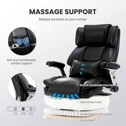 750lbs Heavy Duty Desk Chair with 3D Kneading Massage, Big and Tall Office Chairs with Ergonomic Support, 4D Armrests, 5 Quiet Dual Rubber Wheel, Thick Pocket Spring Cushion(Black, PU)