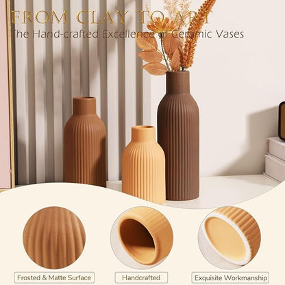 Ceramic Vase Set of 3 - Handcrafted Ceramic Vases for Home Decor & Shelf - Modern Farmhouse Decor for Kitchen, Office, Bedroom & Living Room Decorative Objects for Mantel, Table Centerpieces