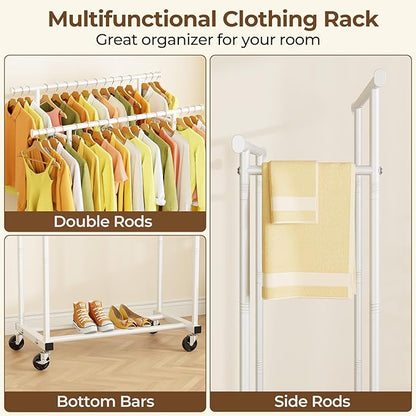 Double Rods Clothes Rack, Rolling Clothing Rack for Hanging Clothes Portable Wardrobe Rack, Metal Garment Rack Sturdy Coat Rack for Bedroom Laundry Living Room, White