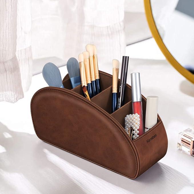 Remote Control Holder with 5 Compartments, KENOBEE Anti-slip Desktop Caddy Storage Organizer for Remote Controllers, Office Supplies, Makeup Brush, Media Accessories, Brown