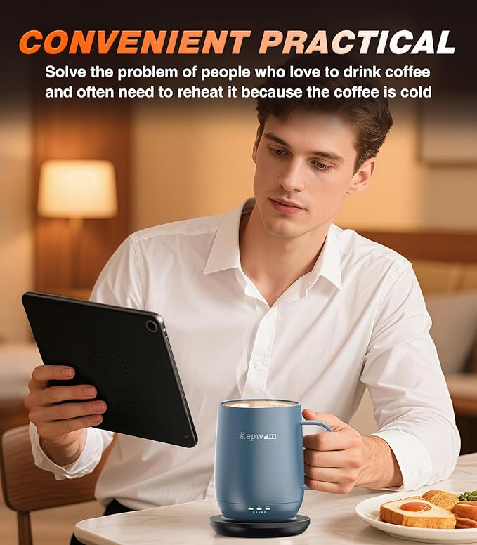 Kepwam Self Heating Coffee Mug T2, 16oz Smart Heated Coffee Mug, 150 Min Battery Life - Hot up to 149℉ Temperature Control Coffee Mug Warmer, Gifts for Dad Mom (No APP)