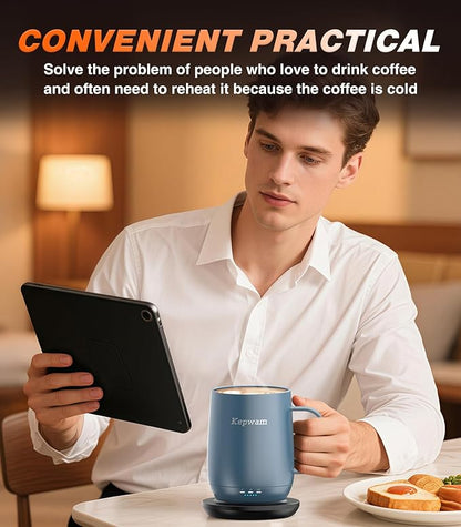 Kepwam Self Heating Coffee Mug T2, 16oz Smart Heated Coffee Mug, 150 Min Battery Life - Hot up to 149℉ Temperature Control Coffee Mug Warmer, Gifts for Dad Mom (No APP)