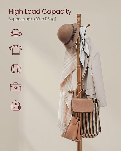 VASAGLE Solid Wood Coat Rack and Stand, Free Standing Hall Coat Tree with 10 Hooks for Hats, Bags, Purses, for Entryway, Hallway, Rubberwood, Caramel Brown URCR03WN