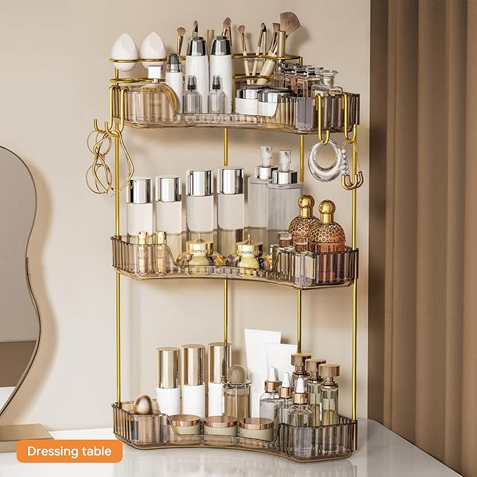 3-Tier Corner Bathroom Counter Organizer，Makeup & Skincare Shelf with Built-in Brush Holder，Space-Saving Bathroom Countertop Organizer for Skincare, Perfume, Cosmetics(Green)