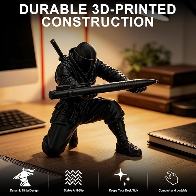 2Pack Ninja Pen Holder for Desk – 3D Printed Ninja Warrior Pen Holder with Sword and Weapon Accessories, Creative Desk Organizer Decor Gift for Men – Funny Pencil Holder Stand (Black)