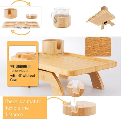 Nnewvante Couch Table on Arm,3 in 1 Large 15.36"x9.85" Bamboo Couch Cup Holder Sofa Arm Clip on TV Tray Table with 360°Rotated Phone/Cup Holder