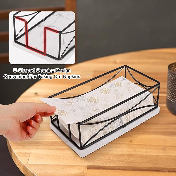 Livabber Guest Napkin Holder, Metal Bathroom Paper Hand Towel Storage Modern Napkin Tray Caddy for Countertop, Table Kitchen, Dinning Room (Black, Marble Base)