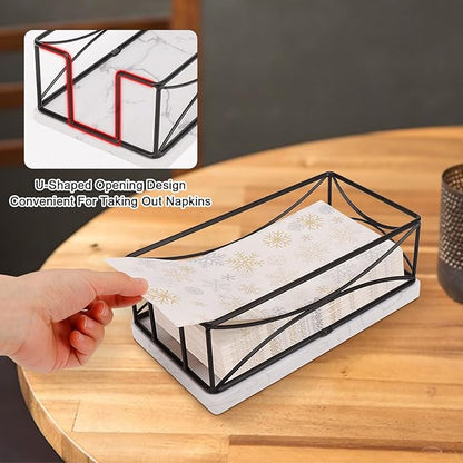 Livabber Guest Napkin Holder, Metal Bathroom Paper Hand Towel Storage Modern Napkin Tray Caddy for Countertop, Table Kitchen, Dinning Room (Black, Marble Base)