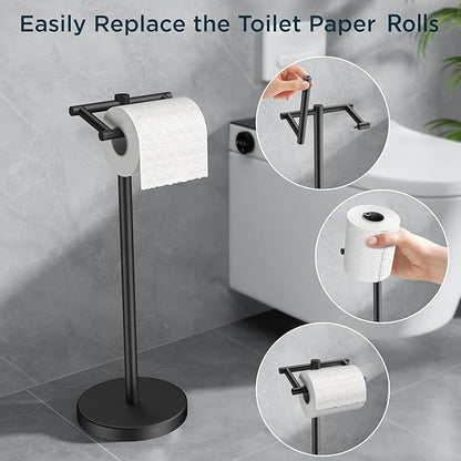FORIOUS Toilet Paper Holder Wall Mount, Stainless Steel Rustproof Double Post Pivoting Tissue Roll Holder for Bathroom, Commercial Toilet Paper Dispenser Toilet Paper Stand, Matte Black