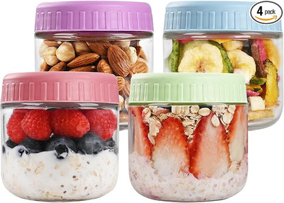 SHOWIN Overnight Oats Containers with Lids, 10oz Glass Jars with Lids 4 pcs, Candy, Wide Mouth Mason jars for Salad, Yogurt, Snacks, Meal Prep