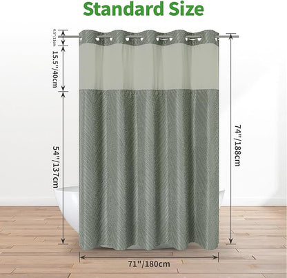no Hook Shower Curtain and Liner Set，Boho Style with See Through Top Window, SageGreen Fabric Tufted Striped Textured Outer Curtain & Waterproof Inner Liner, SageGreen, 71Wx74H
