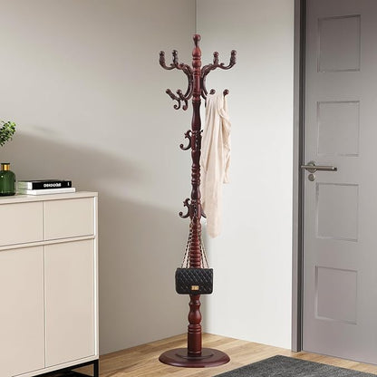 Wood Coat Rack Freestanding, Wooden Entryway Tree Coat Rack Stand Coat Hanger Stand, High-grade Hat Tree with 14 Hooks & Stable Disc Base