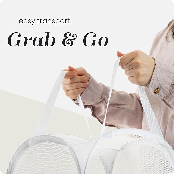 Pop Up Hamper, Collapsible Mesh Laundry Basket - Handy Laundry 71L Foldable Clothes Hamper with Reinforced Handles, Wide Opening and Side Pocket for Dorm, Travel, Cruise, Bedroom (White)