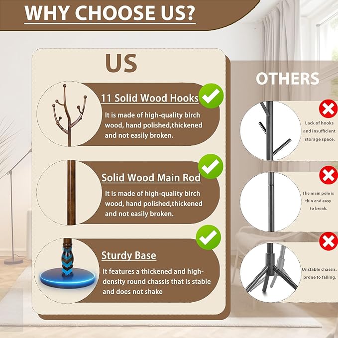 Solid Wooden Coat Rack Stand, Coat Racks Freestanding with 11 Hooks, Natural Birch Wood Coat stands with Sturdy Round Base, Tree Coat Hanger Standing for Entryway Bedroom Office (Tree Design1)