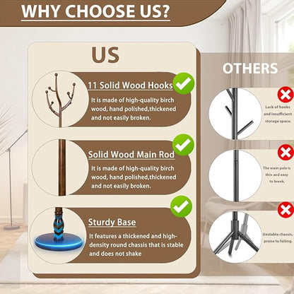 Solid Wooden Coat Rack Stand, Coat Racks Freestanding with 11 Hooks, Natural Birch Wood Coat stands with Sturdy Round Base, Tree Coat Hanger Standing for Entryway Bedroom Office (Tree Design1)