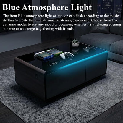 Smart Coffee Table with Fridge and Bluetooth, Smart Living Room Table with Frozen Drawers, Dual Speakers, 15W Wireless Charger, Touch Control, USB Ports, Atmosphere Light, LT90 Ultra-Brown
